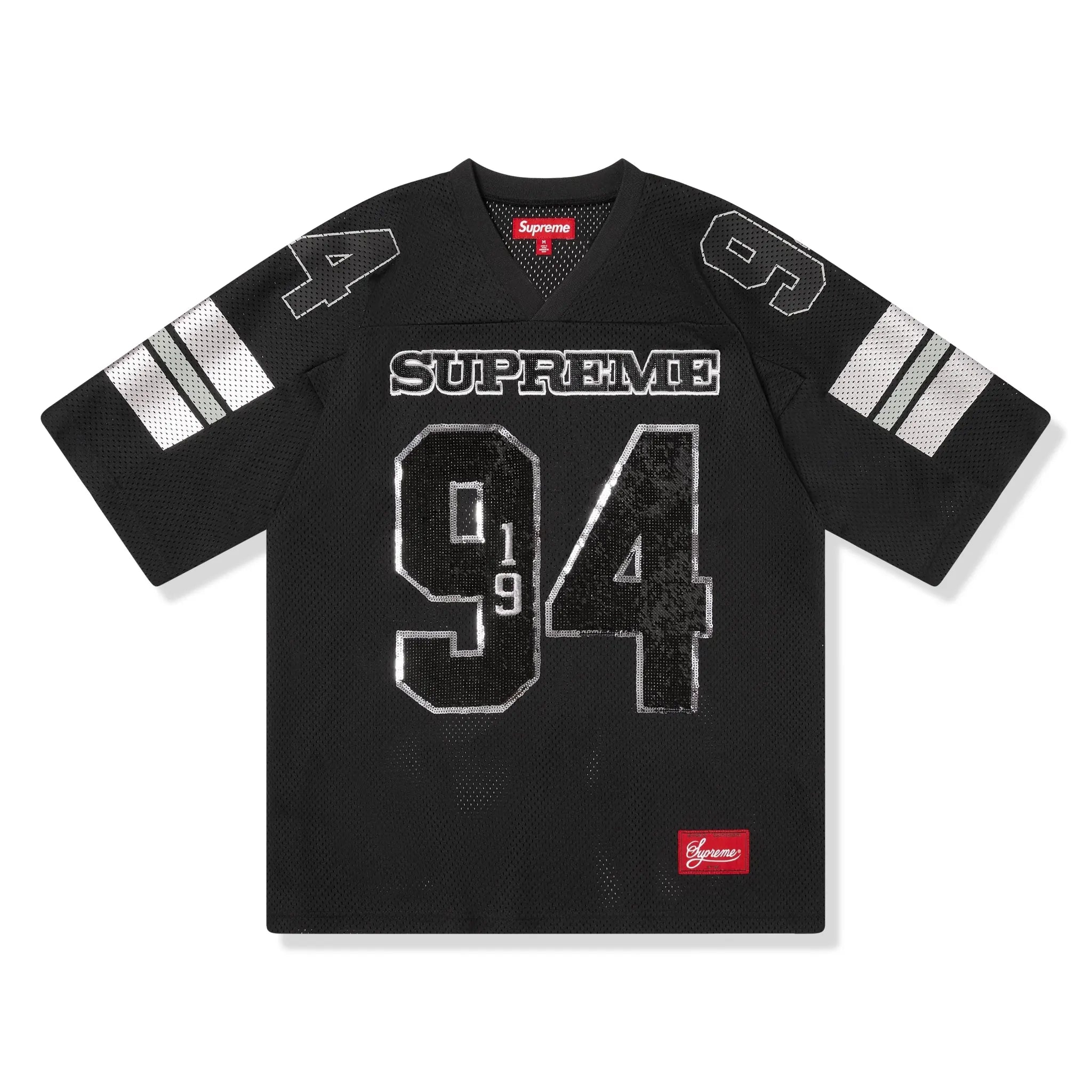 Front View of Supreme Sequin Black Football Jersey (FW25) FW25KN22-BLACK